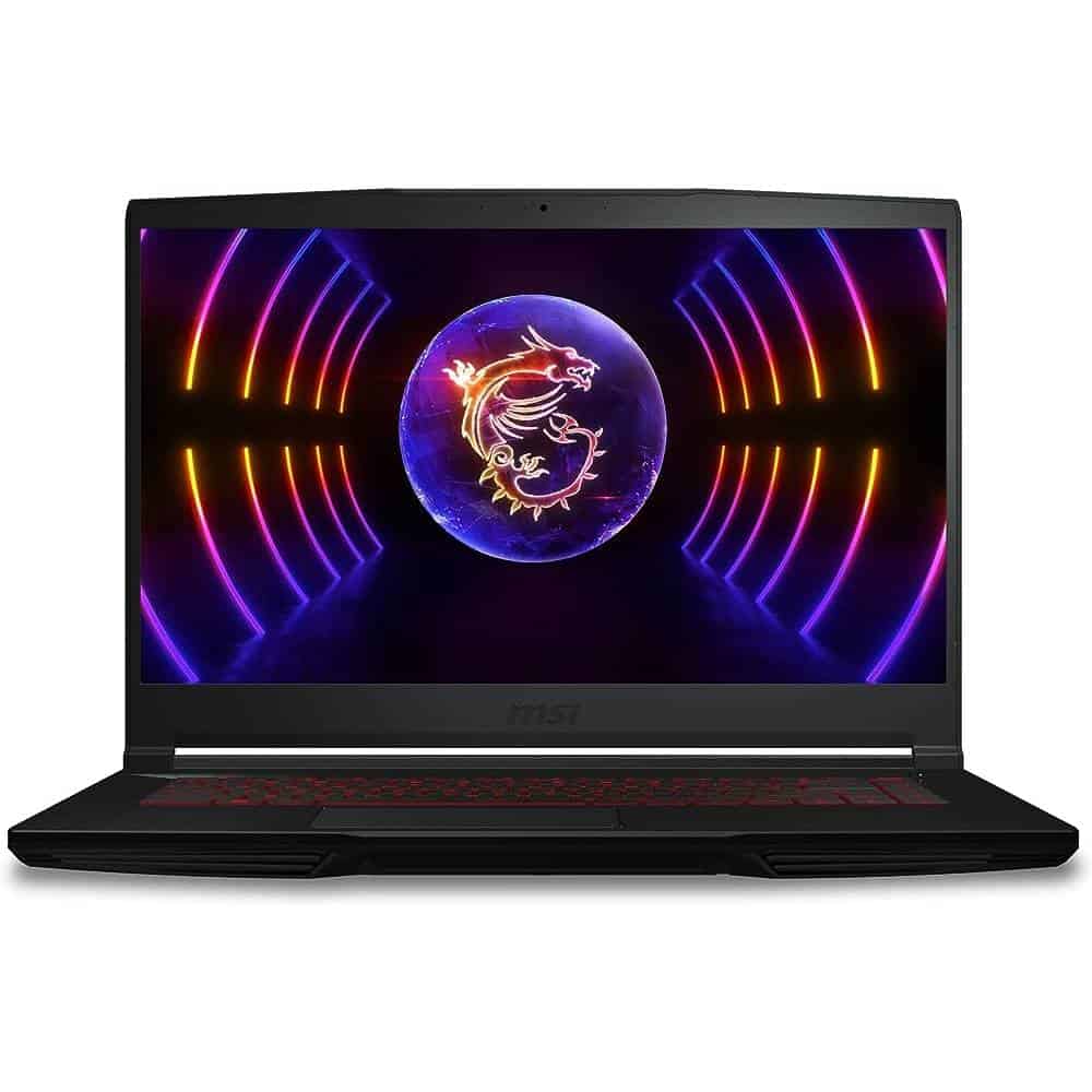 A black MSI Thin GF63 laptop with a dragon on it.