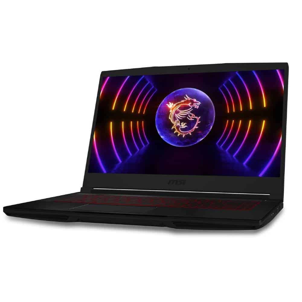 A neon-lit black MSI Thin GF63 laptop with an RTX 4050 graphics card.