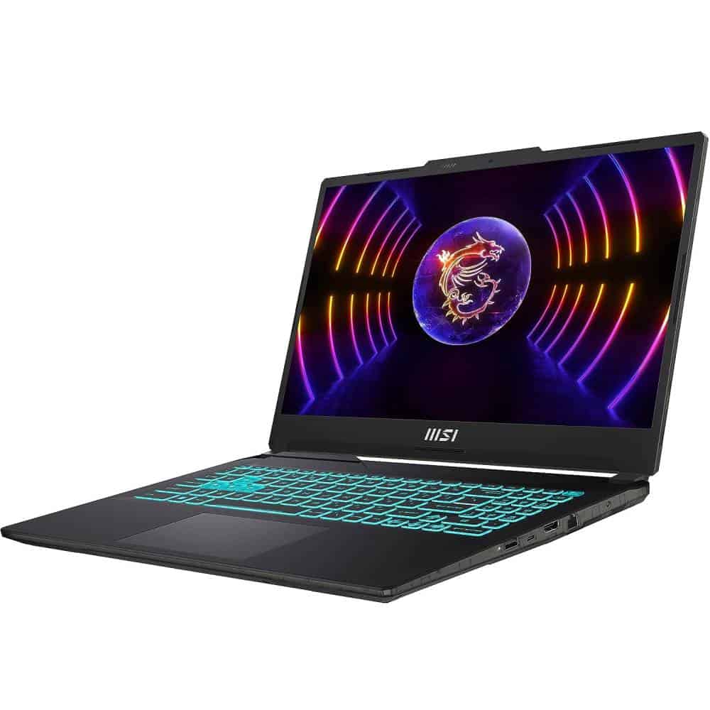A black MSI laptop with a neon light on it.