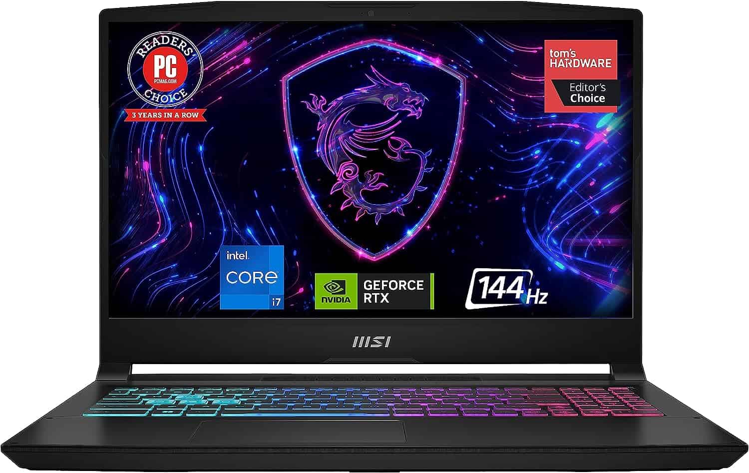 A black laptop with a dragon logo on it.
