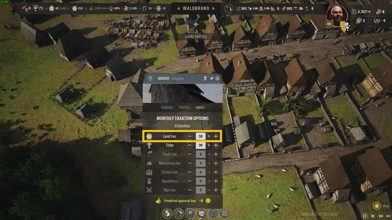 Manor Lords how to get Regional Wealth: aerial view of a medieval village with the Manor overlay open detailing taxing options.