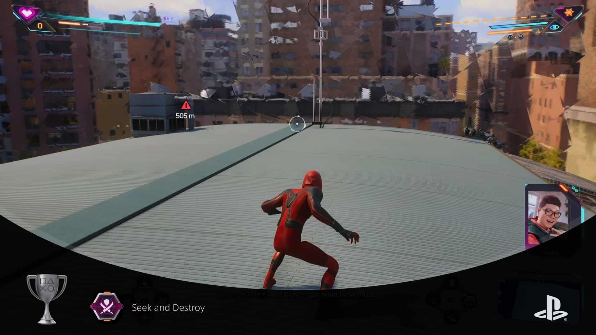 Spider-Man 2 trophy list: Spider-Man on a roof when unlocking a trophy