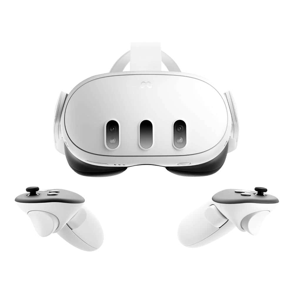 The Meta Quest 3 is a sleek white VR headset that comes complete with two controllers.