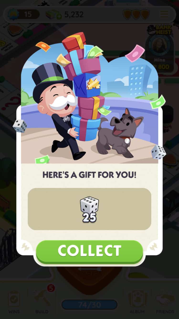 Monopoly GO free dice rolls: reward claimed confirmation pop-up.