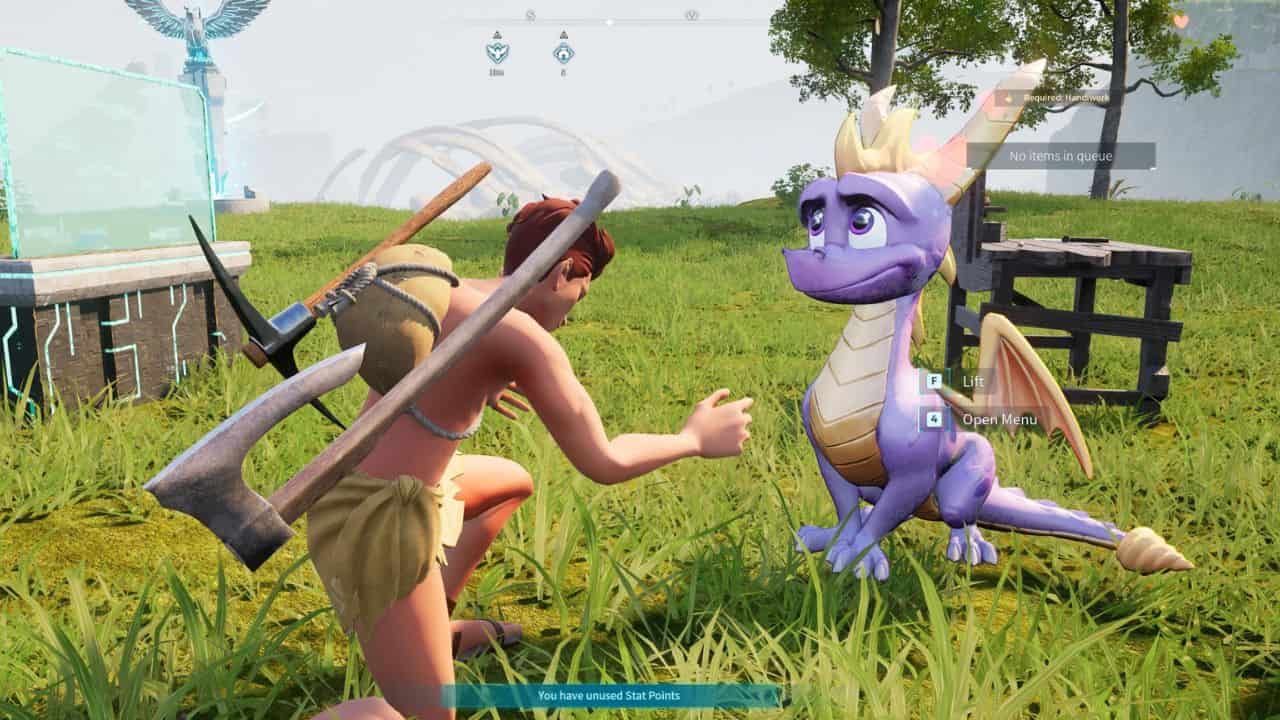 Spyro the dragon, armed with a sword, cautiously navigates through the grass.