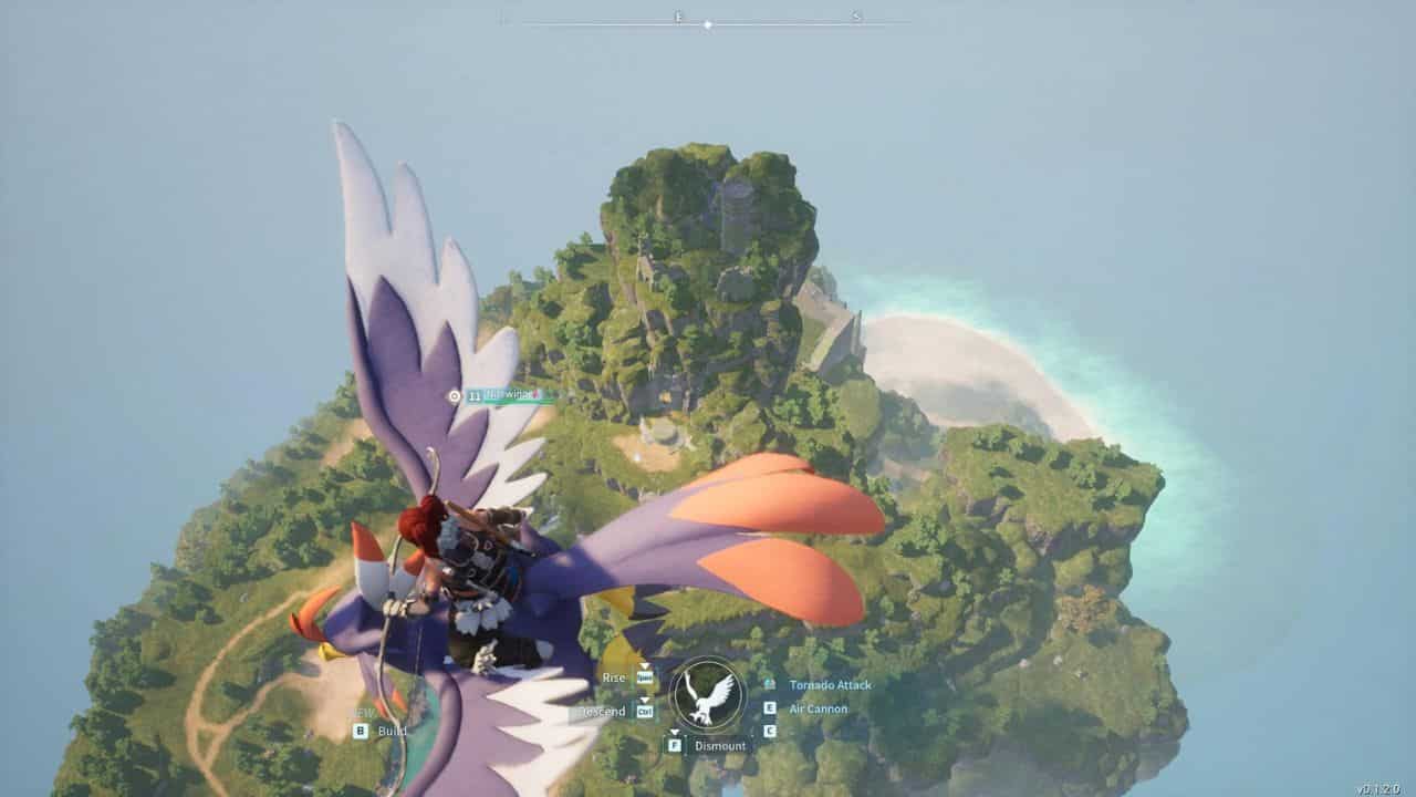In this video game, a bird is gracefully flying over an island.