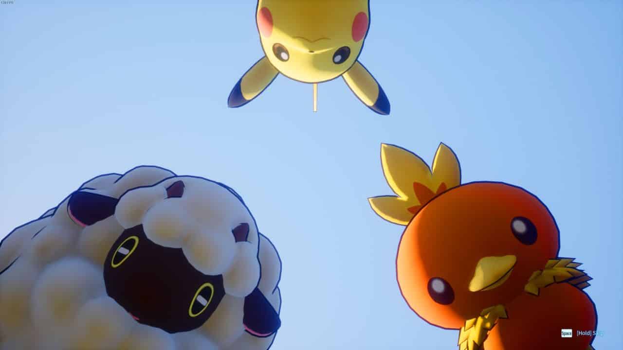 A group of pokemon characters are soaring in the sky, accompanied by their best palworld mods.