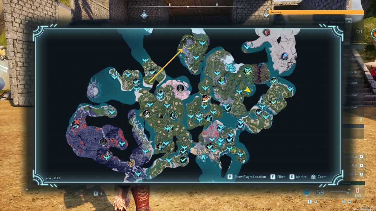 Palworld best chest farming: Map showing the location of chests near the Astral Mountain