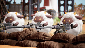 Palworld how to craft: sheep-like pals shooting machine guns.