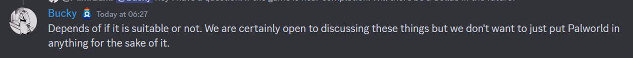 Palworld community manager's response on Discord to crossovers possibility