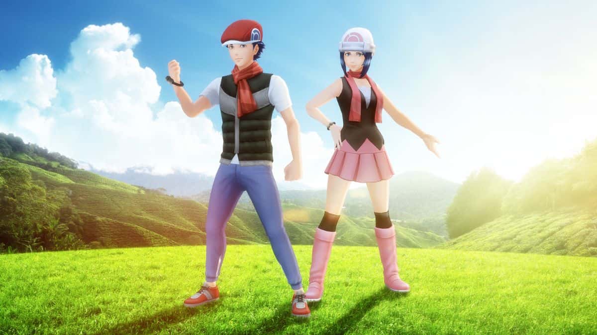 Two Pokemon characters standing on a grassy field, showcasing the use of Sinnoh Stones in Pokemon Go.
