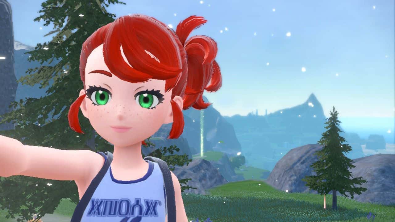 In this video game, a girl with red hair captures a moment by taking a picture.