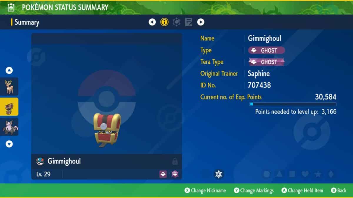 A screen shot of the pokemon game showing the evolution of Gimmighoul.