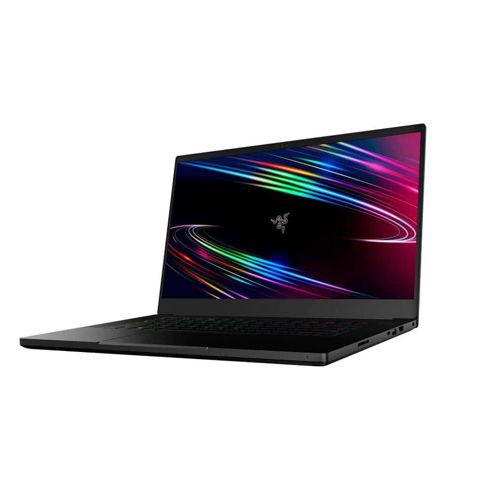 A Razer Blade 15 laptop with a colorful background.