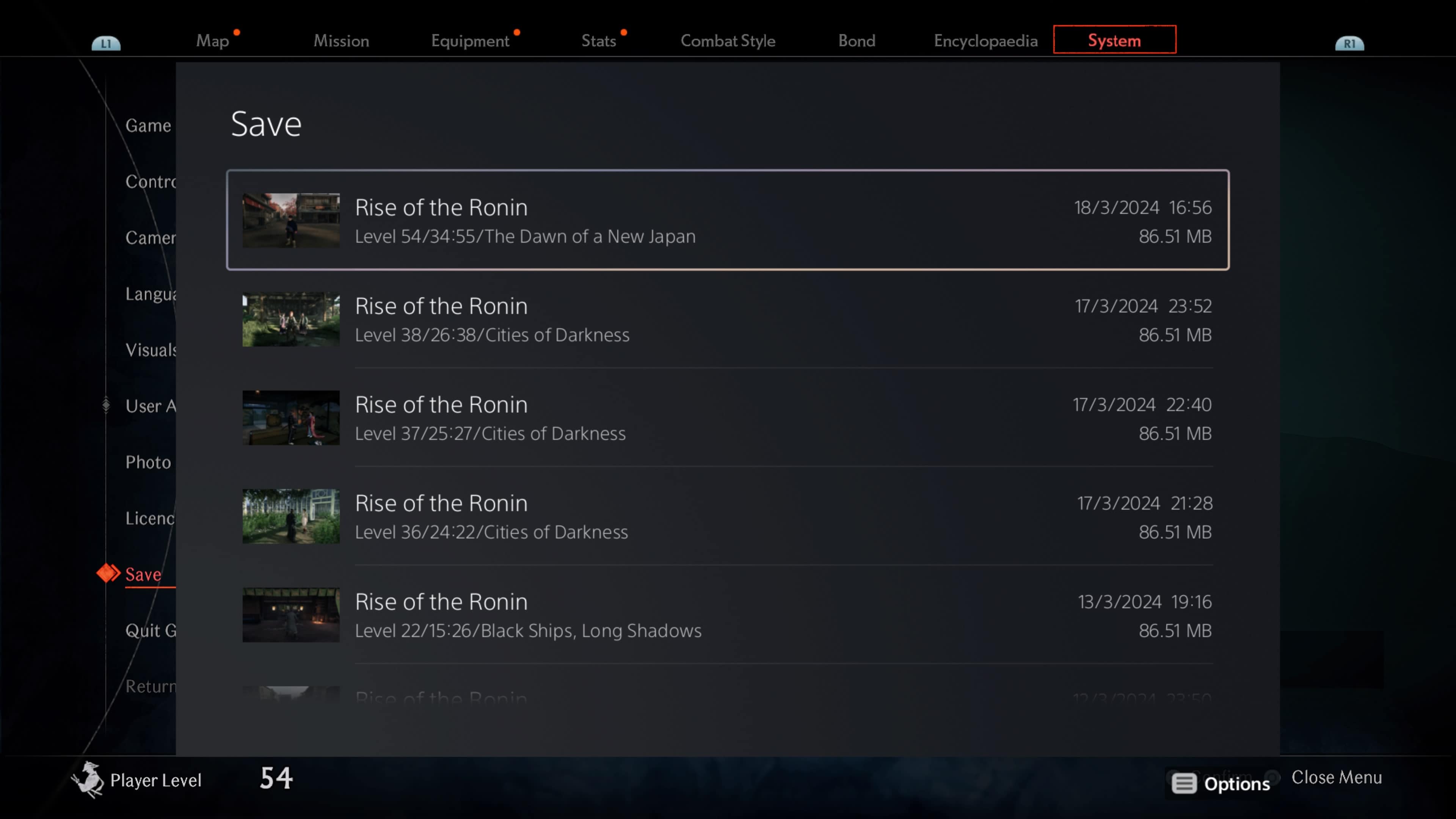 Rise of the Ronin - how to save: image shows save files for the game.