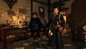 Two characters dressed in pirate attire standing in a dimly lit room with antique furniture and scattered papers, evoking a historical or video game setting reminiscent of "Rise of the Ronin.