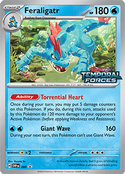 A pokémon trading card featuring feraligatr from the Temporal Forces spoilers set, illustrating the character in a dynamic pose ready for battle, with its specific game stats and abilities displayed.