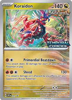This image shows a Pokémon trading card from the Temporal Forces spoilers card list featuring 'Koraidon', a creature from the Pokémon franchise. The card indicates it is a basic type with 140