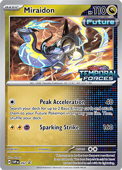 A collectible trading card from the Pokémon series featuring the character Miraidon set against a dynamic background, complete with game-related statistics and abilities, highlighted in the Temporal Forces spoilers card list.