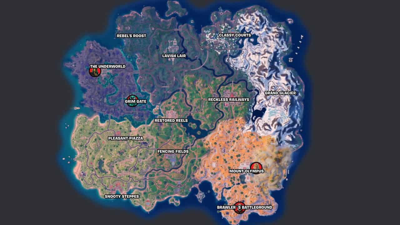 A colorful map of the Fortnite Chapter 5 Season 2 game world with various marked Olympian boss locations and distinct biomes.