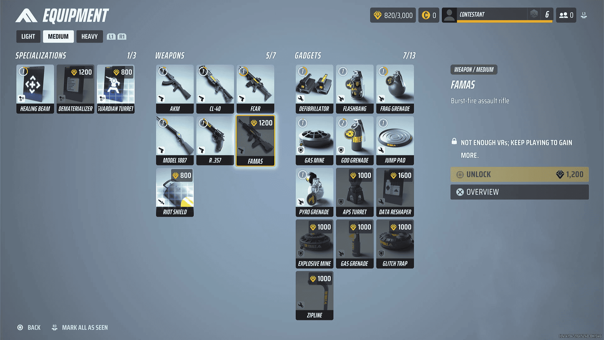 An in-game screenshot showing a player's equipment selection menu in the finals best medium loadout of a first-person shooter game, with various weapons, gadgets, and specializations available for customization or unlock.