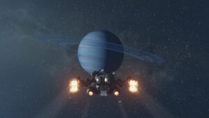 Starfield Cheyenne: ship flying towards a blue planet.