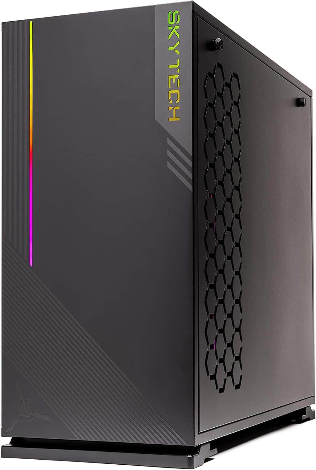 The Skytech Gaming Azure Gaming PC is a sleek and stylish black pc case with a vibrant rainbow colored side panel.