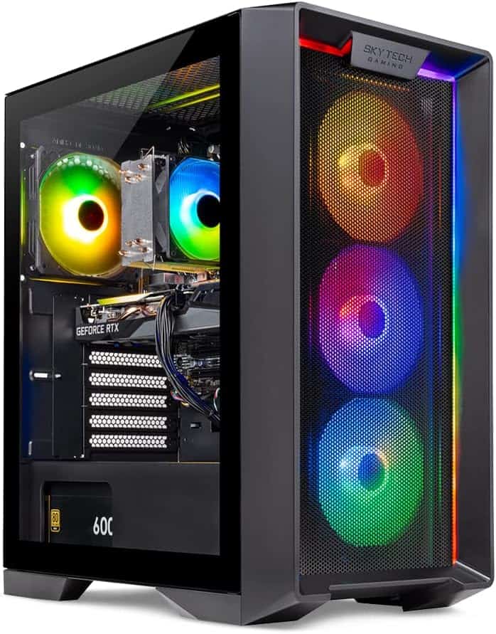 The Skytech Gaming Nebula Gaming PC is equipped with a stunning computer case featuring colorful lights and fans.