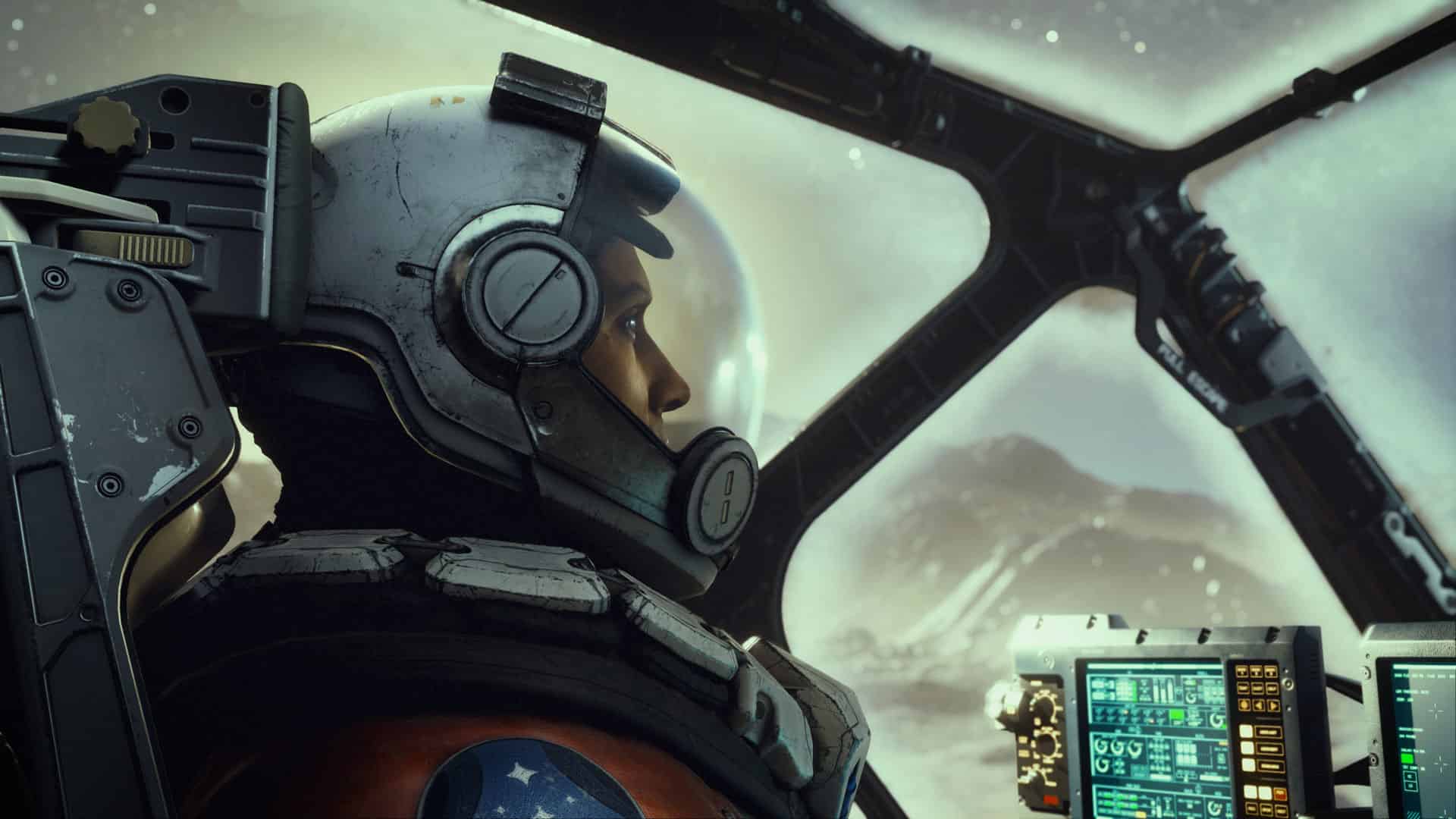 Starfield Lair of the Mantis puzzle solution: a man in a space suit inside the cockpit of a starship.