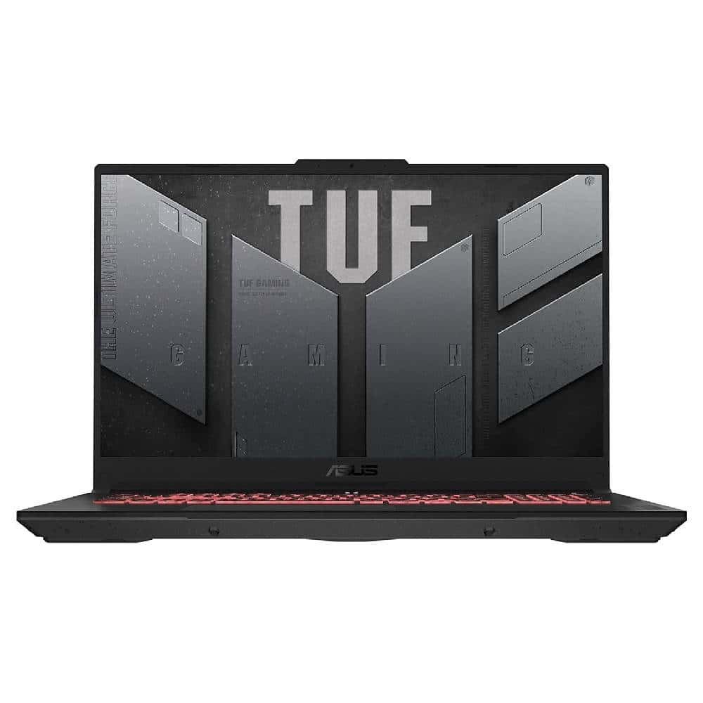 The ASUS TUF A17 laptop is open on a white background.