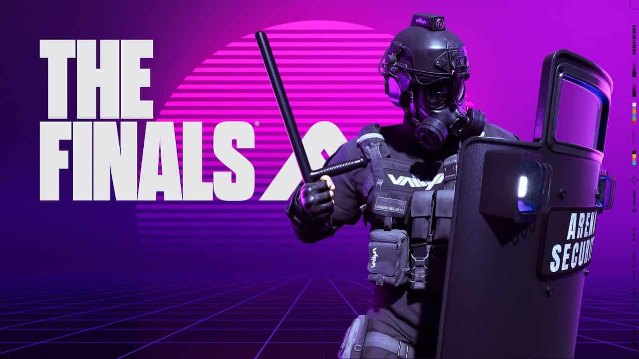 A futuristic soldier in tactical gear holding a glowing sword and shield, with text "The Finals players want this audio issue fixed" on a purple grid background.