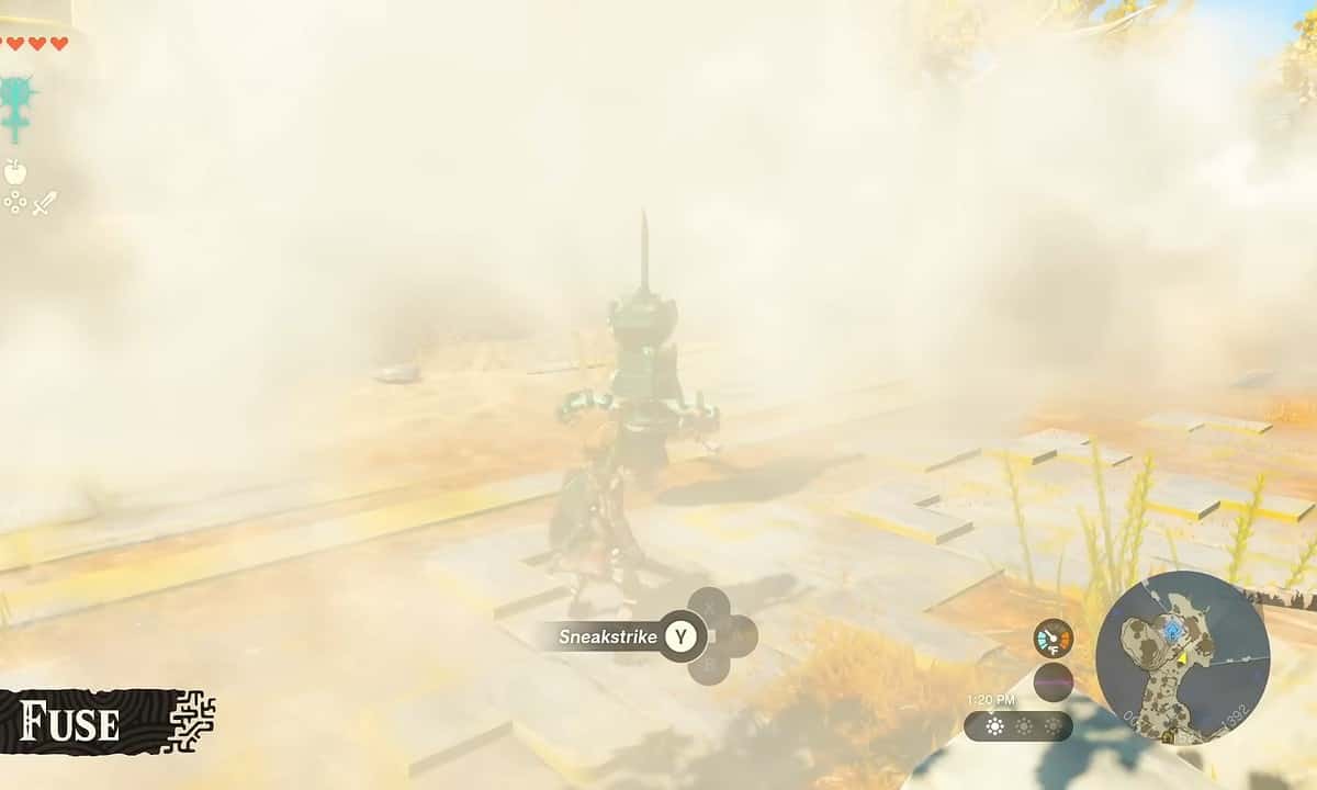 Tears of the Kingdom weapon durability: Link sneaking up on a construct in a cloud of smoke.