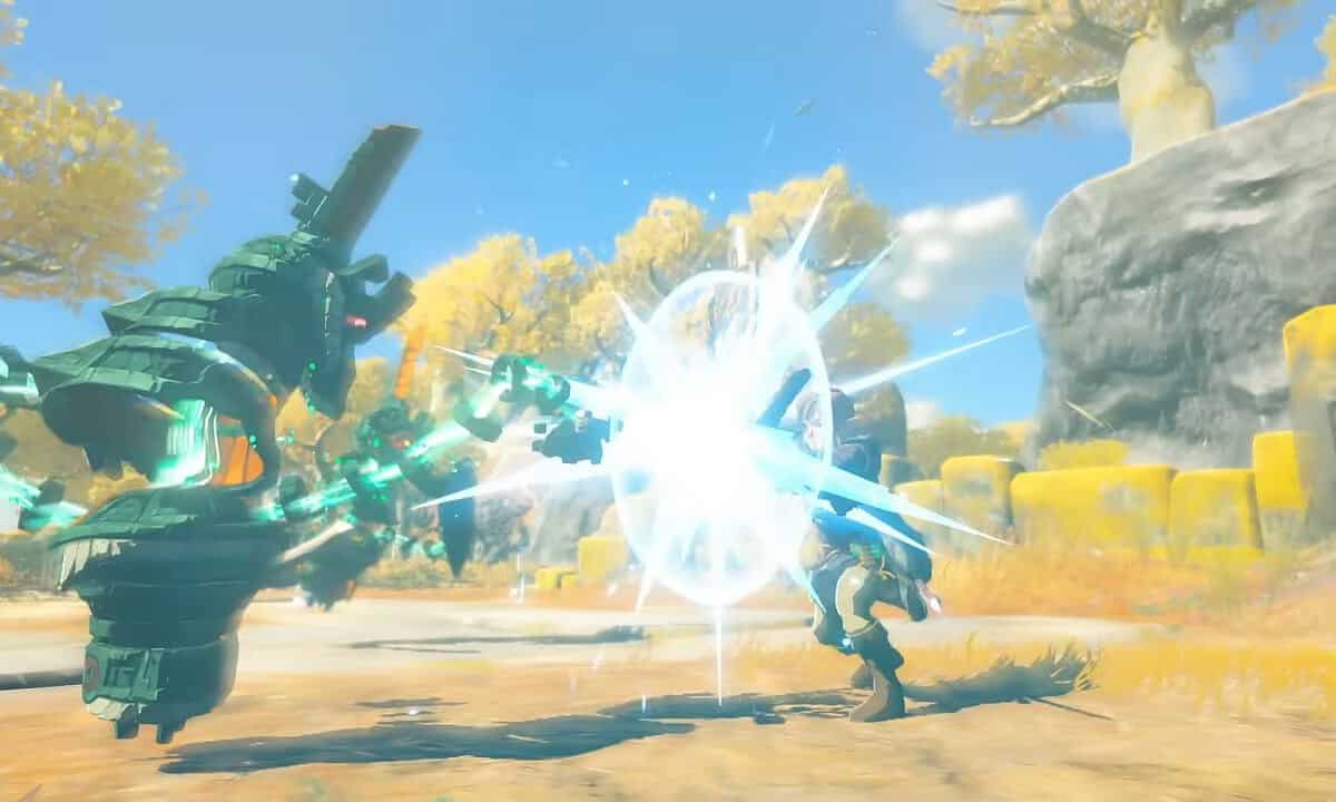 Tears of the Kingdom weapon durability: Link parrying an attack from a construct.