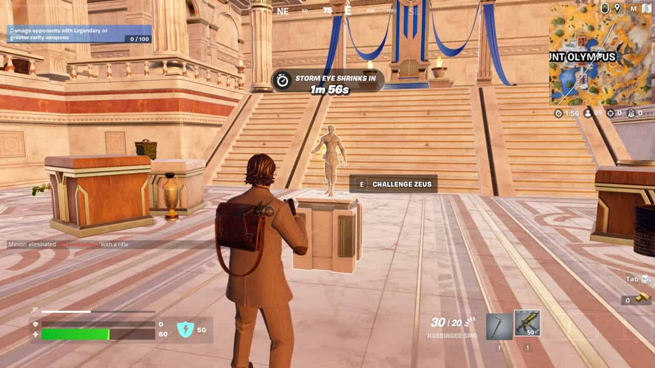 A player character in a video game is standing with a gun ready, facing another character labeled as "Zeus" in a grand building with classical architecture, one of the Olympian boss locations in Fortnite