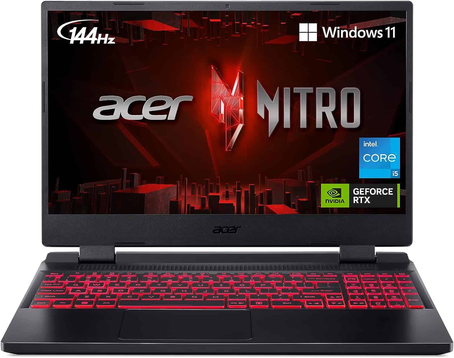 Acer Nitro 5 AN515-58-57Y8 laptop with a red keyboard.