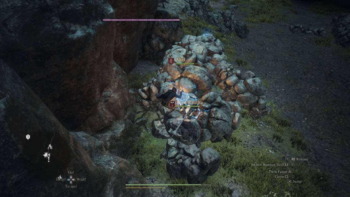 how to find the Mountain Shrine - A player character in Dragon's Dogma 2, hidden behind a rock formation, preparing for stealthy action.