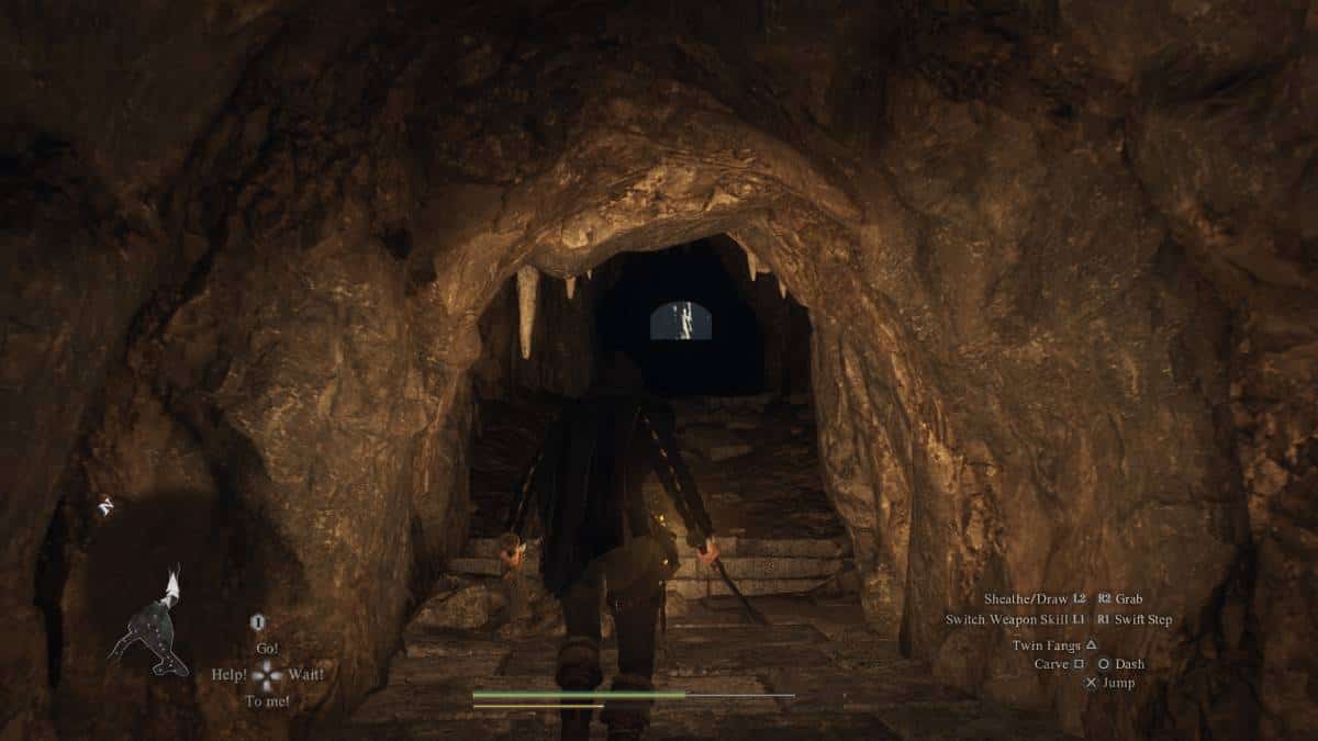 how to find the Mountain Shrine - A player character inside a dark cavern, seeking the Sphinx riddle solutions and location in Dragon's Dogma 2, with an illuminated exit in the distance in a fantasy video game - A Game of