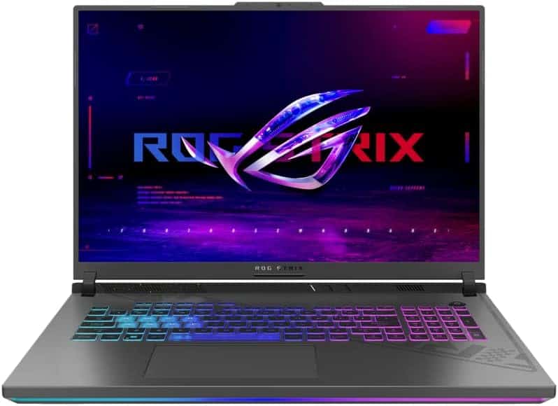The ASUS ROG Strix G18 18" laptop is open on a white background.