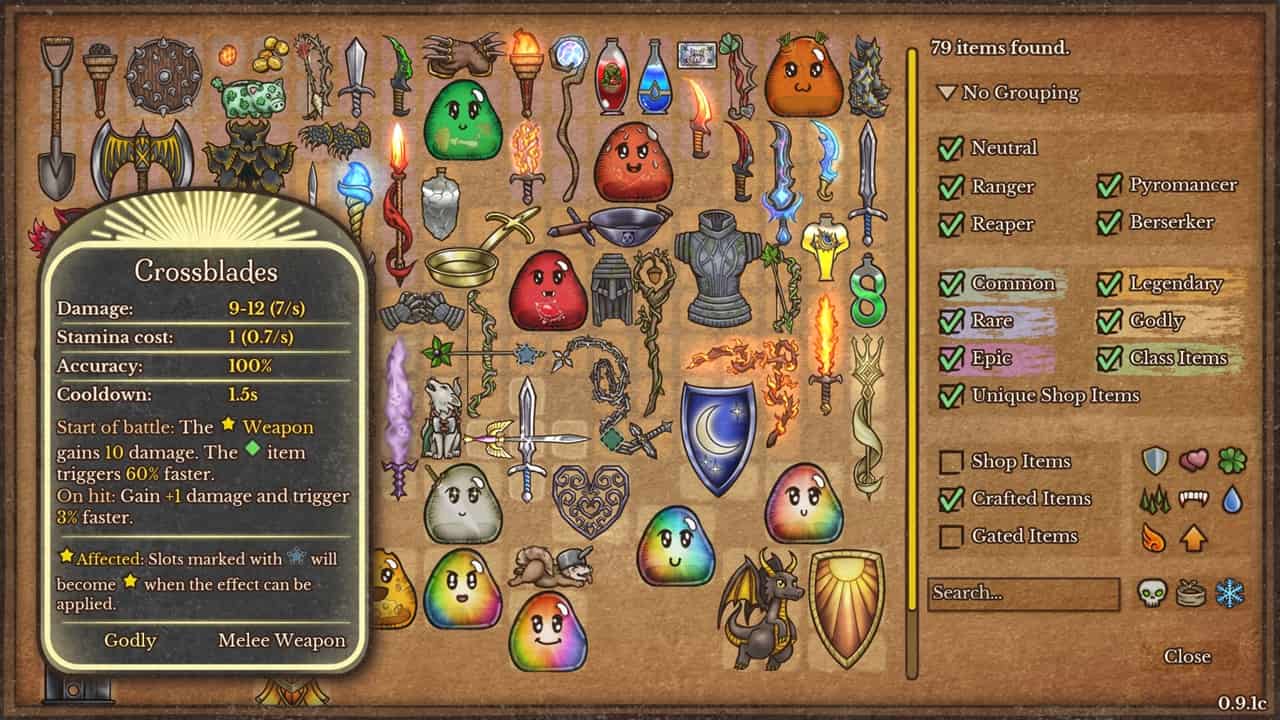 Backpack Battles recipes: An in-game inventory that shows the Crossblades item in Backpack Battles. Image captured by VideoGamer.