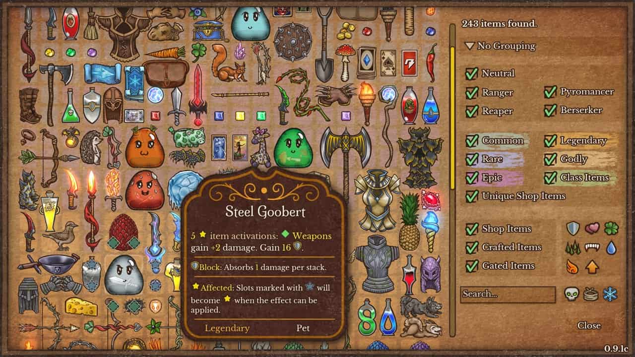 Backpack Battles recipes: An in-game inventory that shows the Steel Goobert in Backpack Battles. Image captured by VideoGamer.