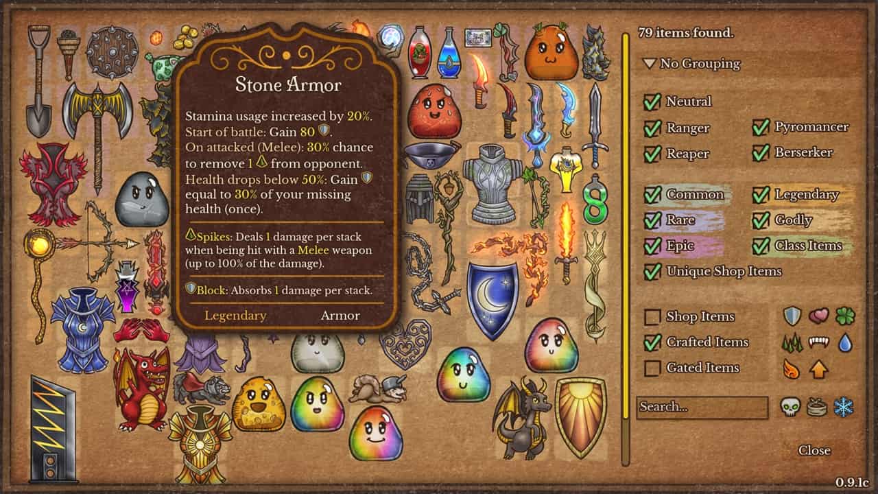 Backpack Battles recipes: An in-game inventory that shows the Stone Armor item in Backpack Battles. Image captured by VideoGamer.