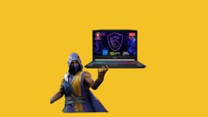 A man holding the best laptop for Mortal Kombat 1 on a yellow background.
