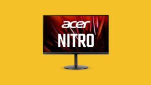 Acer Nitro monitor optimized for Modern Warfare 2 displayed on a yellow background.