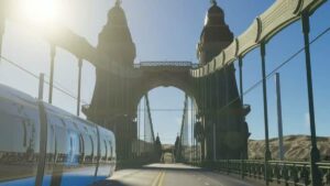 A train traveling over a bridge, now live on Cities: Skylines 2 first patch.