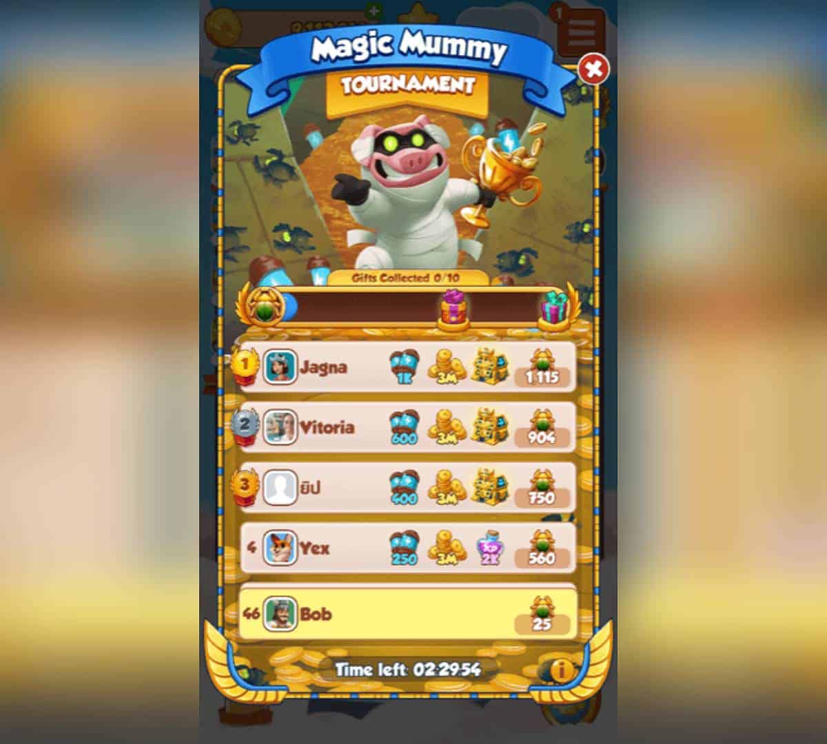 Coin Master free spins and coins links: The leaderboard for the Magic Mummy tournament within Coin Master.