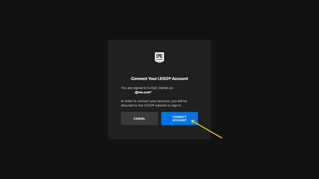 A pop-up window with the option to connect a Lego account to Fortnite, featuring 