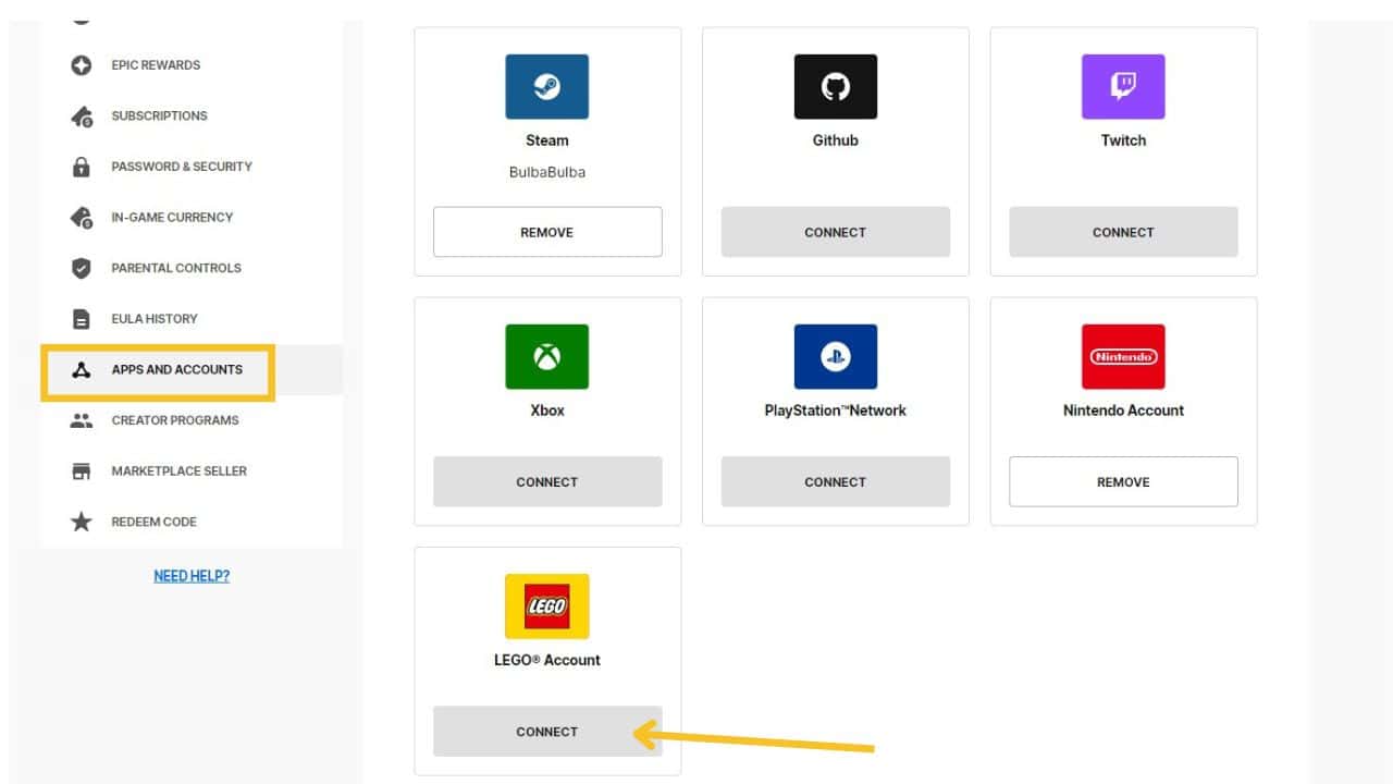 Web interface showing a list of linked accounts including steam, github, twitch, xbox, playstation network, and fortnite, with a yellow arrow pointing at the fortnite connect button.