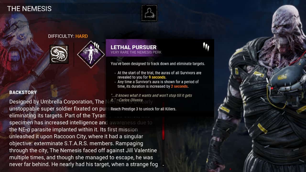 Dead by Daylight best Killer perks: The Lethal Pursuit perk on display in menu.