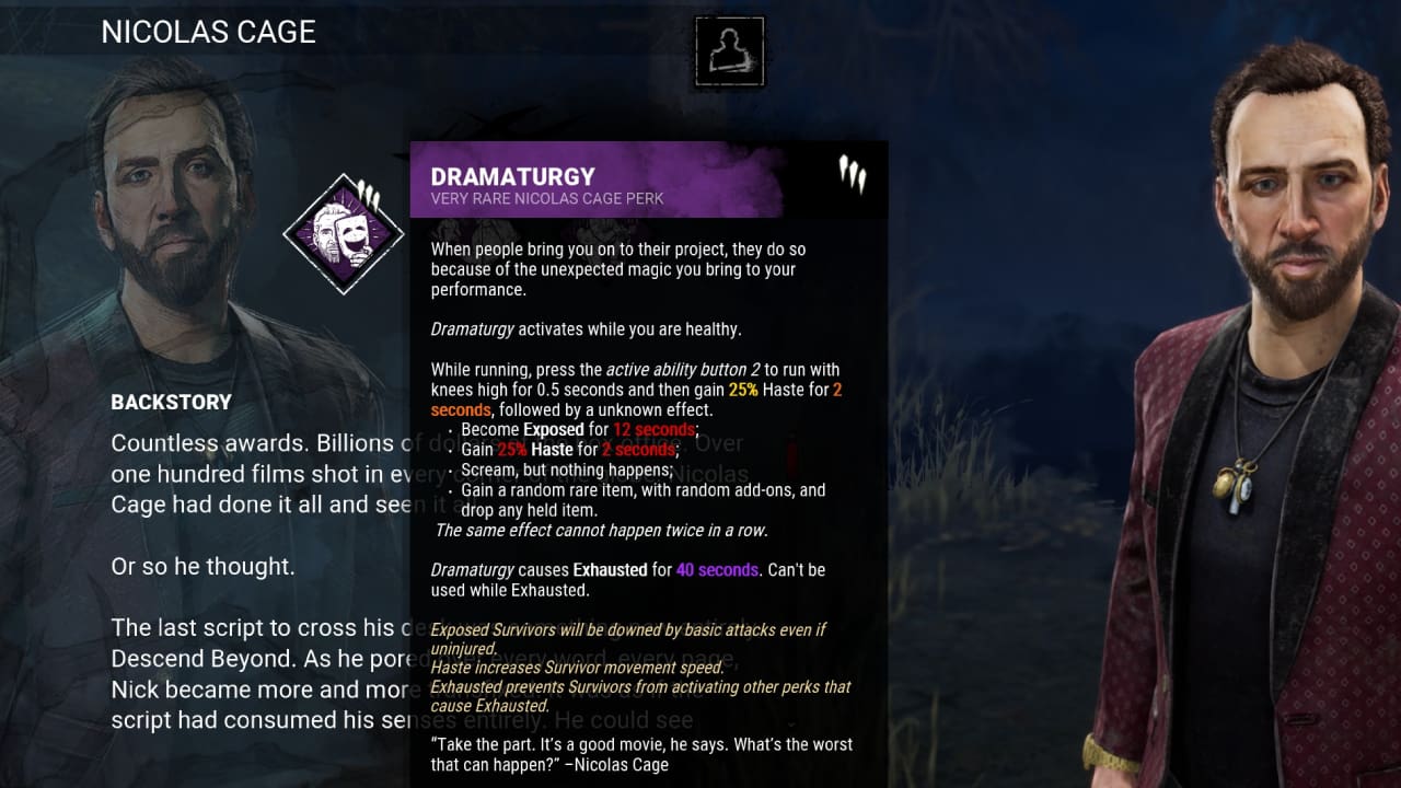 Dead by Daylight best perks for Survivors: The Dramaturgy perk on display in-menu.