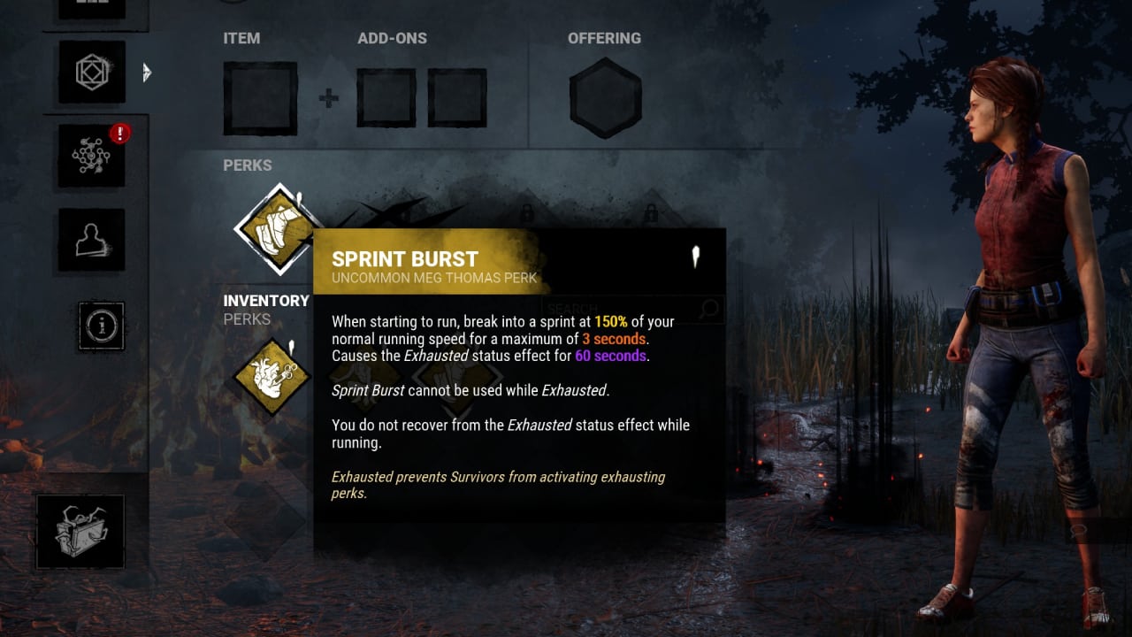 Dead by Daylight best perks for Survivors: The Sprint Burst perk on display in-menu.